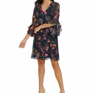 Calvin Klein Floral Flutter Sleeve Dress - Black and Pink